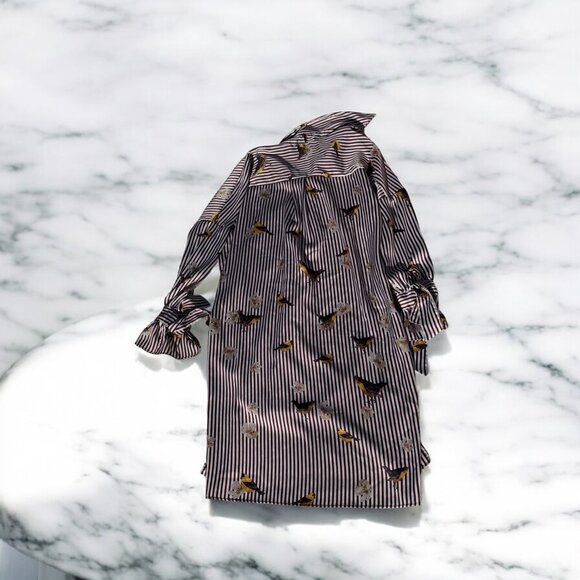Zara Striped Floral Bird Print Oversized Shirt Dress Size Small - Picture 7 of 13